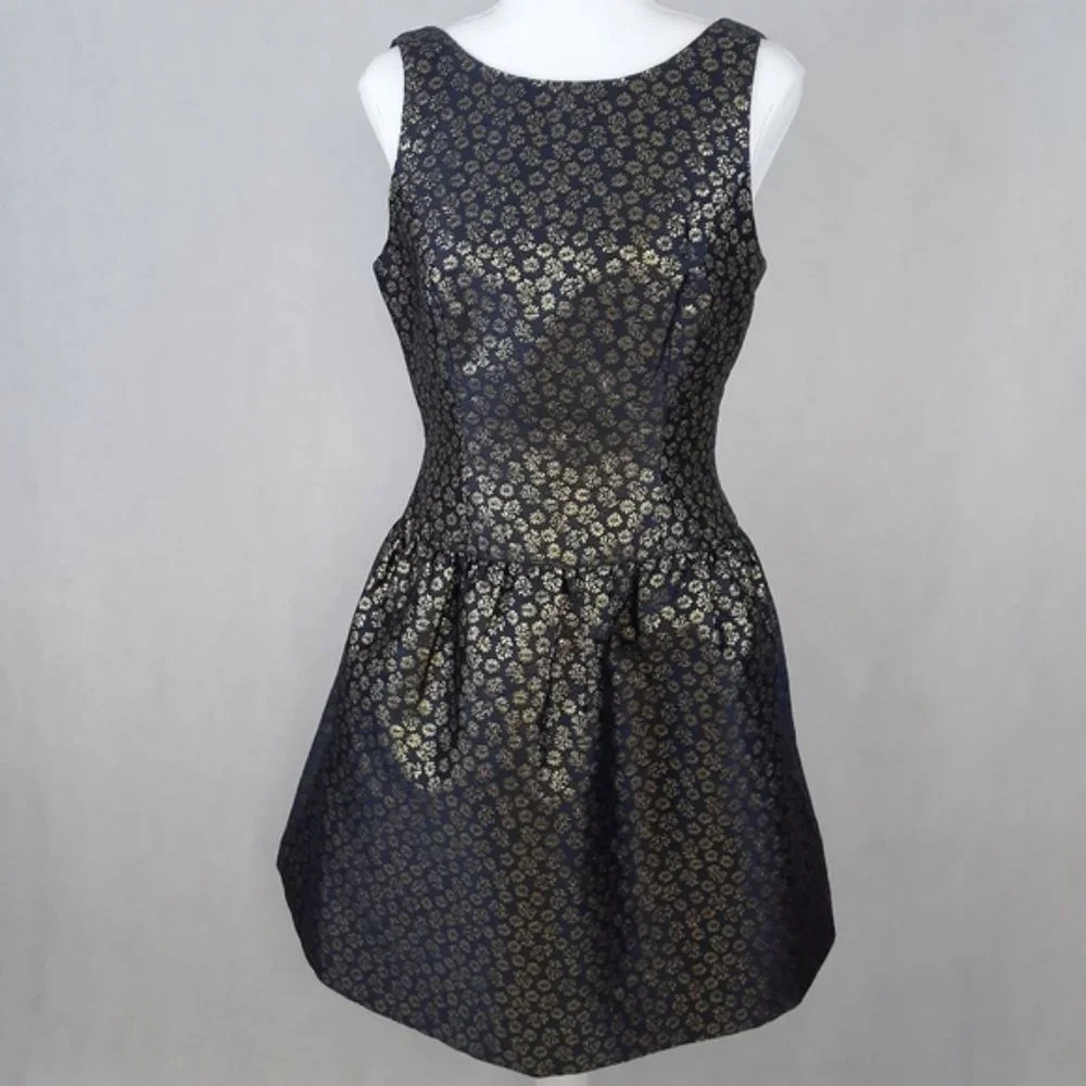 J. Crew Navy and Gold Sleeveless Fit-and-Flare Mini Dress